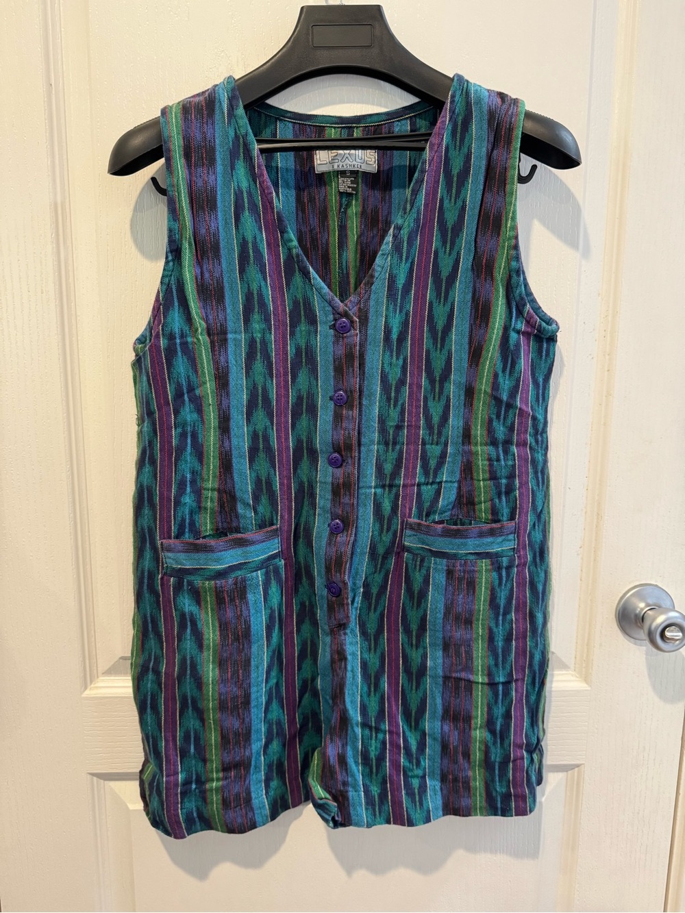 Teal & Purple Striped Button Front Sleeveless Romper